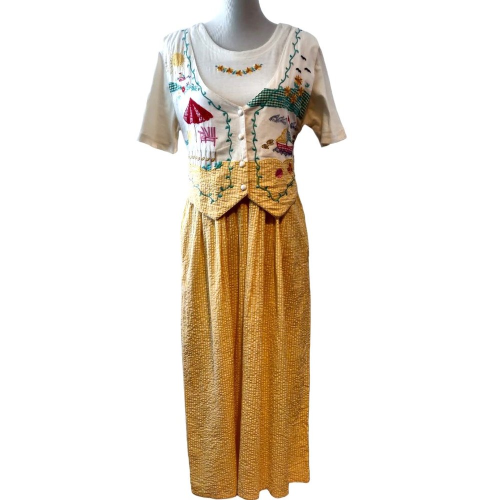 FADS Womens Vtg Yellow Plaid Summer Embroidered Attached Vest Midi Dress Flaw 14